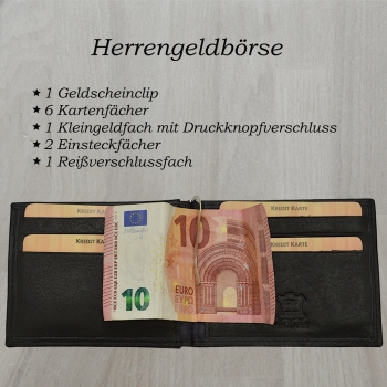 flevado Echt Leder Geldbörse klein schmal mit Dollar Clip Herrengeldbörse Geldscheinklipp mit Maxi Münzfach RFID Schutz schwarz